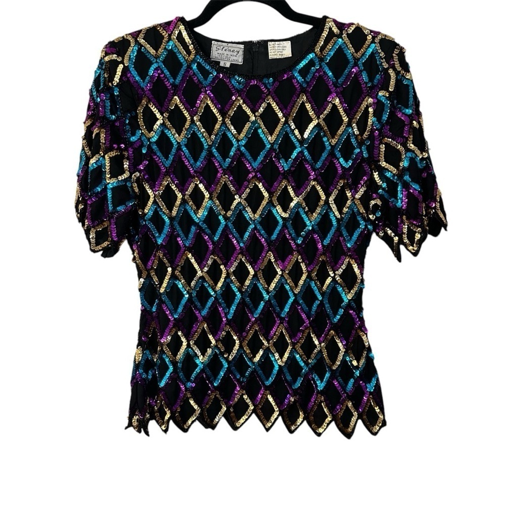 Stenay Women’s Short Sleeve Multicolor Diamond Sequin 100% Silk Top Size S GUC